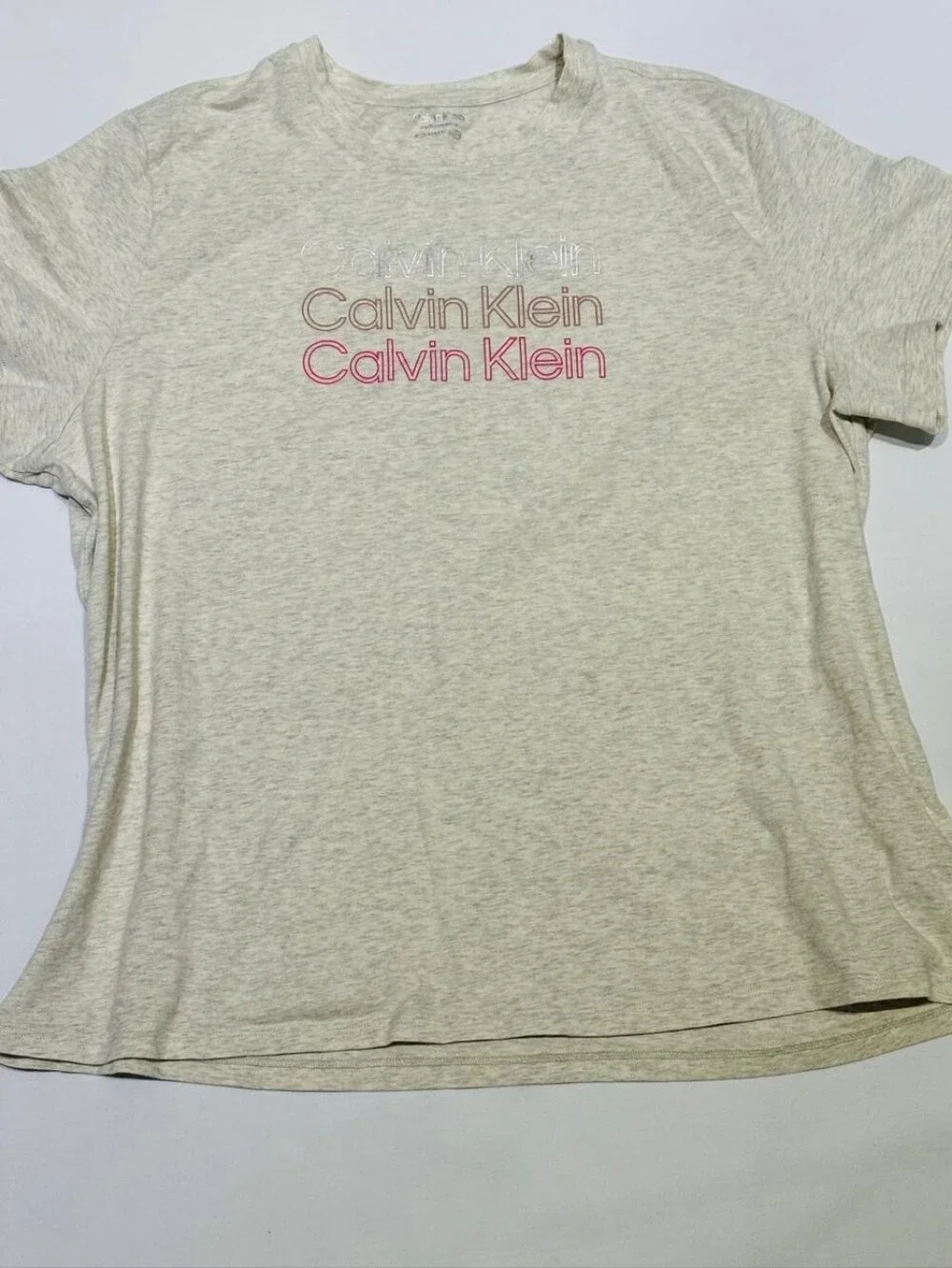 Calvin Klein Logo Tee in Heather Cream with Pink Accent